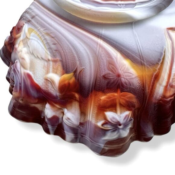 Imperial Glass Red Slag Bowl Crimped Edge Roses Marbled Swirl Colors 60s Vtg 9" - Picture 14 of 16